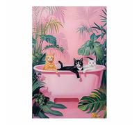 QUSAAOU Decoracion Modernos Tres gatos en bañera rosa con hojas tropicales Lienzo Impreso Con Animales De PerióDico, DecoracióN De BañO De CabañA, Pintura De Pared De BañEra（Rosa-60x90cm1 Sin marco