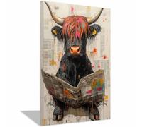 QUSAAOU Decoracion Modernos Vaca linda abstracta leyendo periódico Lienzo Impreso Con Animales De PerióDico, DecoracióN De BañO De CabañA, Pintura De Pared De BañEra（Black-30x45cm1 Enmarcado