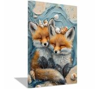 QUSAAOU Decoracion Modernos Zorros rojos con corona de conchas Lienzo Impreso Con Animales De PerióDico, DecoracióN De BañO De CabañA, Pintura De Pared De BañEra（Orange-40x60cm1 Enmarcado