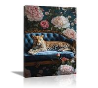 QUSAAOU Decoracion Salon Modernos Leopardo en sofá azul capitonado con peonías Cuadros Para Salon Foto Con Lienzo Canvas Laminas Cuadro Dormitorio Decoracion Hogar Pared Quadro -80x120cm1 Sin marco