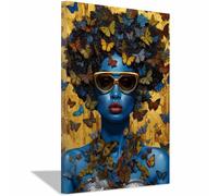 QUSAAOU Decoracion Salon Mujer mariposas coloridas fondo dorado Para Dormitorios Cuadro Decorativos Lienzos Decorativo Canvas Wall Art Decoracion Modernos Mujer- Retrato（Azul-30x45cm1 Enmarcado