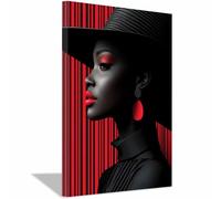 QUSAAOU Decoracion Salon Mujer sombrero ancho pendientes rojos fondo rayado Para Dormitorios Cuadro Decorativos Lienzos Decorativo Canvas Wall Art Decoracion Modernos Mujer- Retrato-30x45cmEnmarcado