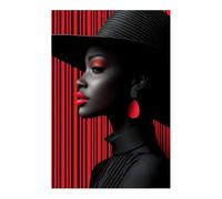 QUSAAOU Decoracion Salon Mujer sombrero ancho pendientes rojos fondo rayado Para Dormitorios Cuadro Decorativos Lienzos Decorativo Canvas Wall Art Decoracion Modernos Mujer- Retrato-40x60cmSin marco