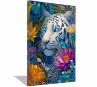 QUSAAOU Decorativas Pared Tigre blanco ojos azules entre flores silvestres Lienzo Decorativo Para Pared Con TemáTica Animal,Adecuado Para Restaurantes,Pasillos,BañOs Y Oficinas -20x30cm Enmarcado