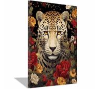 QUSAAOU Decorativo Para Pared Retrato jaguar entre flores mixtas Adecuado Para Paredes De Salas De Estar,Dormitorios,BañOs Y Pasillos; DecoracióN Del Hogar（Burdeos-70x100cm Sin marco