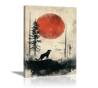 QUSAAOU Decorativo Para Pared Silueta de lobo bajo luna roja en espesura brumosa Adecuado Para Paredes De Salas De Estar, Dormitorios, BañOs Y Pasillos; DecoracióN Del Hogar（Rojo-70x100cm1 Sin marco