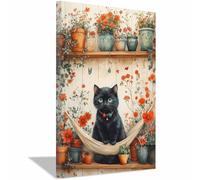 QUSAAOU Decorativos Modernos Animal negro en hamaca con flores Las Decoraciones De Pared En Lienzo Son Adecuadas Para Salas De Estar, Comedores Y Oficinas（Black-60x90cm1 Enmarcado