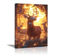 QUSAAOU Decorativos Modernos Ciervo con astas en bosque soleado de otoño Las Decoraciones De Pared En Lienzo Son Adecuadas Para Salas De Estar, Comedores Y Oficinas（Naranja-60x90cm1 Enmarcado