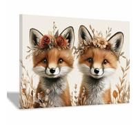 QUSAAOU Decorativos Modernos Dos zorros con coronas en campo otoñal Las Decoraciones De Pared En Lienzo Son Adecuadas Para Salas De Estar, Comedores Y Oficinas（Naranja-60x90cm1 Enmarcado