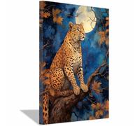 QUSAAOU Decorativos Modernos Leopardo iluminado luna sobre rama otoñal Las Decoraciones De Pared En Lienzo Son Adecuadas Para Salas De Estar,Comedores Y Oficinas（Verde turquesa-20x30cm Sin marco