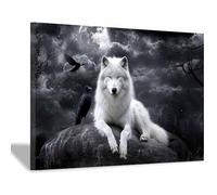 QUSAAOU Decorativos Modernos Lobo blanco en roca con luna llena Las Decoraciones De Pared En Lienzo Son Adecuadas Para Salas De Estar, Comedores Y Oficinas（Blanco-20x30cm1 Enmarcado