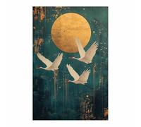 QUSAAOU Decorativos Modernos Tres grullas vuelo luna dorada Las Decoraciones De Pared En Lienzo Son Adecuadas Para Salas De Estar, Comedores Y Oficinas（Blanco-80x120cm1 Sin marco