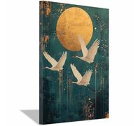QUSAAOU Decorativos Modernos Tres grullas vuelo luna dorada Las Decoraciones De Pared En Lienzo Son Adecuadas Para Salas De Estar, Comedores Y Oficinas（Blanco-60x90cm1 Enmarcado