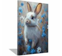 QUSAAOU Divertido Arte De Pared De BañO Conejo blanco suave con flores Cuadros Para Salon Foto Con Lienzo Canvas Laminas Cuadro Dormitorio Decoracion Hogar Pared Quadro（White-80x120cm1 Sin marco