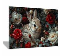 QUSAAOU Foto Con Lienzo Conejo rayado rosas rojas blancas LáMinas Decorativas Grandes Para Pared Dormitorio,Arte De Pared De Animales Para Comedor, Pasillo Y BañO（Marrón-30x45cm1 Enmarcado
