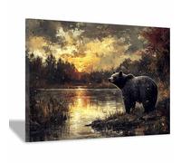 QUSAAOU Foto Con Lienzo Oso marrón junto a lago al atardecer LáMinas Decorativas Grandes Para Pared Dormitorio,Arte De Pared De Animales Para Comedor, Pasillo Y BañO（Marrón-40x60cm1 Enmarcado