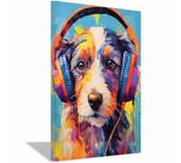 QUSAAOU Grandes Decorativas Pared Perro colorido con audífonos Pop Art Lienzo Decorativo Para Pared Con TemáTica Animal,Adecuado Para Restaurantes,Pasillos,BañOs Y Oficinas（Azul-70x100cm1 Enmarcado