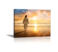 QUSAAOU Lienzo de Jesús Christ marche rivage soleil doré decoración de pared de Jesús cristiano,impresión minimalista y póster para sala de estar,dormitorio（Abricot-60x90cm Enmarcado