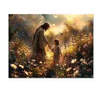 QUSAAOU Lienzo de Jesús Christ saisit petite main champ fleurs sauvages decoración de pared de Jesús cristiano,impresión minimalista y póster para sala de estar,dormitorio -80x120cm Sin marco