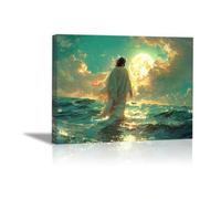 QUSAAOU Lienzo decorativo Christ marche océan sous lune brillante decoración de pared,imágenes abstractas,modernas,religiosas,para sala de estar,dormitorio,iglesia,（Bleu Menthe-40x60cm Enmarcado