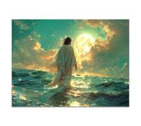 QUSAAOU Lienzo decorativo Christ marche océan sous lune brillante decoración de pared,imágenes abstractas,modernas,religiosas,para sala de estar,dormitorio,iglesia,（Bleu Menthe-40x60cm Sin marco