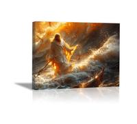 QUSAAOU Lienzo decorativo Christ marche vagues dorées orageuses decoración de pared,imágenes abstractas,modernas,religiosas,para sala de estar,dormitorio,iglesia,（Bronze-60x90cm Enmarcado