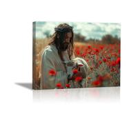 QUSAAOU Lienzo decorativo Christ tient agneau parmi fleurs sauvages rouges decoración de pared,imágenes abstractas,modernas,religiosas,para sala de estar,dormitorio,iglesia,-70x100cm Enmarcado