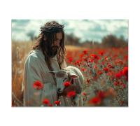QUSAAOU Lienzo decorativo Christ tient agneau parmi fleurs sauvages rouges decoración de pared,imágenes abstractas,modernas,religiosas,para sala de estar,dormitorio,iglesia,-70x100cm Sin marco