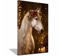 QUSAAOU Lienzo Minimalista Para Pared Caballo blanco con corona navideña Animal Wall Art Comedor Pasillo BañO Modern Picture Bedroom, Bathroom Cafe（Oro-30x45cm1 Enmarcado