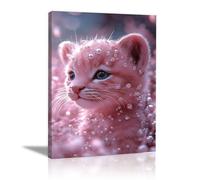 QUSAAOU Lienzo Minimalista Para Pared Gatito rosa con perlas y diamantes bajo luz suave Animal Wall Art Comedor Pasillo BañO Modern Picture Bedroom, Bathroom Cafe（Rosa-20x30cm1 Sin marco