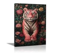 QUSAAOU Lienzo Minimalista Para Pared Tigre rosa habitando jardín exuberante Animal Wall Art Comedor Pasillo BañO Modern Picture Bedroom, Bathroom Cafe（Rosa-30x45cm1 Enmarcado