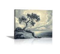 QUSAAOU Lienzo Pared Árbol retorcido acantilado paisaje marino lunar DecoracióN Acuarela Naturaleza Paisaje PóSter Impresiones Pintura BotáNica Dormitorio Moderno Estar（Gris-70x100cm1 Enmarcado