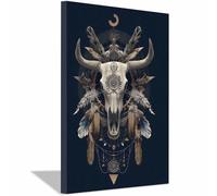 QUSAAOU Lienzos Decorativos Grandes Cráneo de vaca Boho con plumas y luna DiseñO De Animales Divertidos Decoracion Salon BañO Dormitorio Aseo Wc Inodoro（Negro-60x90cm1 Enmarcado