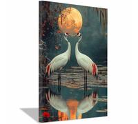QUSAAOU Lienzos Decorativos Grandes Dos grullas luna sobre agua DiseñO De Animales Divertidos Decoracion Salon BañO Dormitorio Aseo Wc Inodoro（Blanco-60x90cm1 Enmarcado