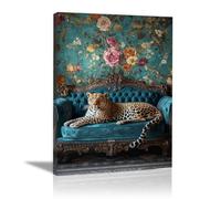 QUSAAOU Lienzos Decorativos Grandes Leopardo terciopelo turquesa con floral DiseñO De Animales Divertidos Decoracion Salon BañO Dormitorio Aseo Wc Inodoro（Turquesa-20x30cm1 Enmarcado