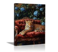 QUSAAOU Lienzos Decorativos Pared Leopardo en terciopelo rojo con flores azules Cuadros Decoracion Salon Modernos Lienzos Decorativo Pared Decoracion Lienzo Modernos（Rojo-80x120cm1 Sin marco