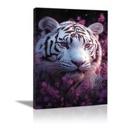 QUSAAOU Lienzos Decorativos Pared Tigre blanco ojos rosados campo de flores violetas Cuadros Decoracion Salon Modernos Lienzos Decorativo Pared Decoracion Lienzo Modernos（Violeta-80x120cm1 Sin marco