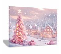 QUSAAOU Mural De Paisaje En Lienzo Escena invernal festiva de pueblo navideño rosa Marcos De Fotos De Adecuados Para Salas De Estar CaféS Dormitorios Cocinas BañOs.（Rosa-40x60cm1 Enmarcado