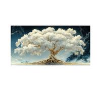 QUSAAOU Mural De Paisaje Natural Árbol de la Vida florido blanco montaña dorada Representar Paisajes Naturales Adecuado Decorar Estar Dormitorios Comedores Oficinas Pasillos（Blanco-20x40cm1 Sin marco