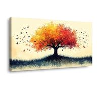 QUSAAOU Mural De Paisaje Natural Árbol de la Vida rojo acuarela pájaro raíz Representar Paisajes Naturales Adecuado Decorar Estar Dormitorios Comedores Oficinas Pasillos（Naranja-40x80cm1 Enmarcado
