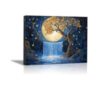 QUSAAOU Mural De Paisaje Natural Árbol iluminado luna cascada mariposas Representar Paisajes Naturales Adecuado Decorar Estar Dormitorios Comedores Oficinas Pasillos（Azul-30x45cm1 Enmarcado