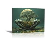 QUSAAOU Mural De Paisaje Natural Árbol sostenido manos musgo luna llena Representar Paisajes Naturales Adecuado Decorar Estar Dormitorios Comedores Oficinas Pasillos（Verde-70x100cm1 Sin marco