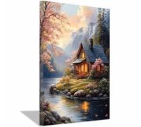 QUSAAOU Mural De Paisaje Natural Cabaña montaña río primavera tela PóSter Lienzo Arte Mural Cuadro DecoracióN Del Hogar ImpresióN Para Dormitorio Sala De Estar.（marrón-40x60cm Enmarcado