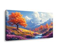 QUSAAOU Mural Paisaje Natural Árbol de la Vida otoñal arroyo montaña campo flores PóSter Lienzo Arte Mural Cuadro DecoracióN Del Hogar ImpresióN Para Dormitorio Sala De Estar -60x120cm1 Enmarcado