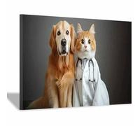 QUSAAOU Para Salon Lienzo Golden retriever y gato médico divertidosCuadros Sobre Lienzo Cuadros Para Dormitorio Decoraciones Para Hogar Divertidos Interesantes（Dorado-20x30cm1 Enmarcado