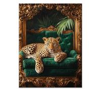 QUSAAOU Para Salon Lienzo Leopardo en sofá esmeralda con borde dorado Cuadros Cuadros Sobre Lienzo Cuadros Para Dormitorio Decoraciones Para Hogar Divertidos Interesantes -60x90cm1 Sin marco