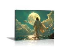 QUSAAOU Pared Cristiano Christ déambule océan sous lune brillante Pintura Impresión para Decoración de Sala decoración de Dormitorio de Iglesia decoración de pared（Bleu Menthe-60x90cm Enmarcado