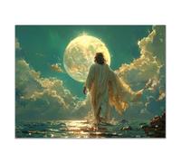 QUSAAOU Pared Cristiano Christ déambule océan sous lune brillante Pintura Impresión para Decoración de Sala decoración de Dormitorio de Iglesia decoración de pared（Bleu Menthe-50x70cm Sin marco