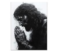 QUSAAOU Pared Cristiano Representación monocromática Jesús rezante Pintura Impresión para Decoración de Sala decoración de Dormitorio de Iglesia decoración de pared（blanconegro-80x120cm Sin marco