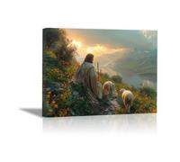 QUSAAOU pared Jesús cristiano Christ domine vallée avec moutons cuadro de santo pastor,pintura cristiana renacentista para iglesia,sala estar,dormitorio religioso（Bleu Menthe-60x90cm Enmarcado